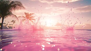 梦幻泳池日落水花美景