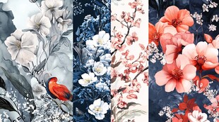 中式花鸟图案精美四联图