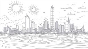 海滨城市线条风天际线