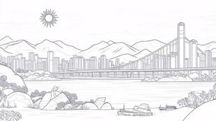 城市山水桥梁线描风景图