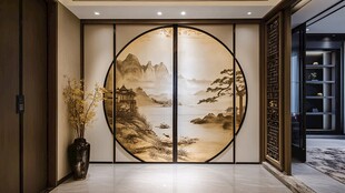 中式玄关山水圆屏装饰画