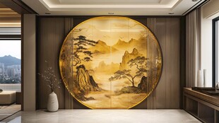 中式客厅圆形山水装饰画