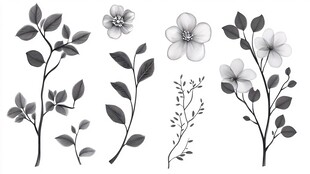 黑白花卉枝叶插画素材