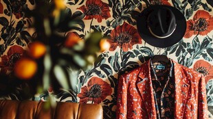 复古花墙下的时尚穿搭展示