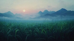 晨雾中田野与远山的美景