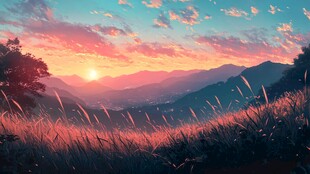 夕阳下的山野浪漫景色