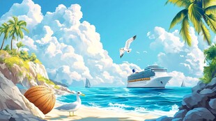 梦幻海滨游轮与海鸥美景