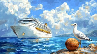 海上邮轮与栖息海鸥图景