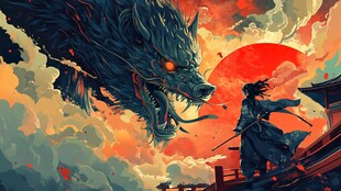 武士战巨龙于夕阳之下