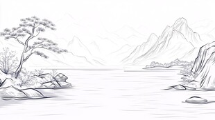 水墨山水风景线稿图