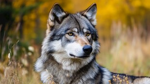 秋日旷野中的孤傲灰狼