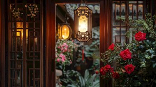 中式庭院夜景 灯笼映繁花