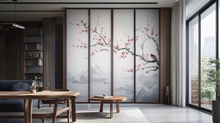 中式雅致客厅 屏风花鸟画