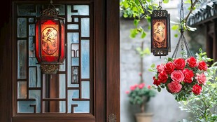 中式灯笼与娇艳红玫瑰