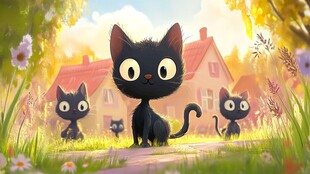 黑猫一家漫步温馨田园