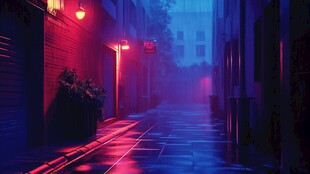 雾中霓虹小巷的静谧夜景