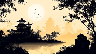 夕阳下的中式园林美景