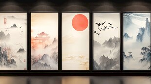 中式山水屏风装饰画