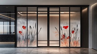 中式红荷玻璃隔断艺术门