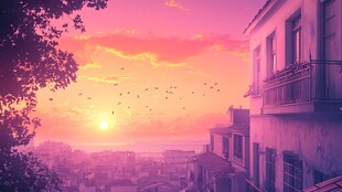 黄昏下的城市与飞鸟美景