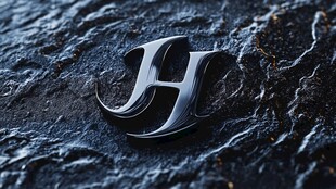 金属H标志置于粗糙岩石上