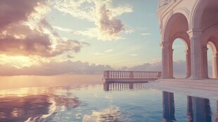 梦幻夕阳下的古典建筑泳池