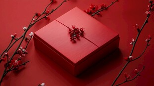 红色礼盒与梅花装饰
