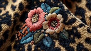豹纹布上的精美花卉刺绣