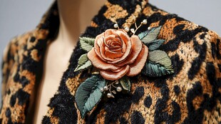 豹纹外套上的精致刺绣玫瑰