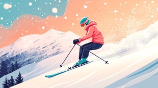 冬日滑雪者飞驰于雪山间