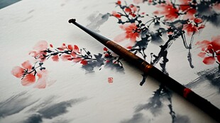 水墨梅花旁的毛笔