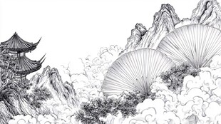 水墨山水间的楼阁与折扇