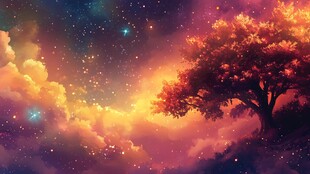 梦幻星空下的绚烂孤树