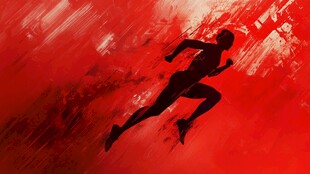 红色背景下的奔跑者剪影