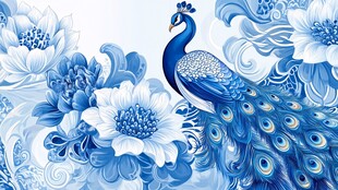 蓝白孔雀花卉梦幻插画