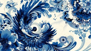 蓝白花卉凤凰图案装饰画