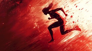 红色光影下的奔跑者