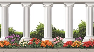 罗马柱下的缤纷花卉景观