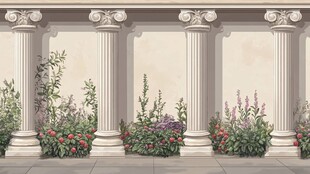 古典柱式旁的缤纷花卉景观