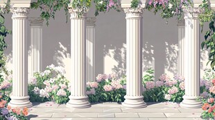 罗马柱旁繁花簇拥的景致