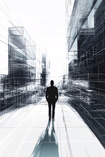 未来都市中独行的商务人士