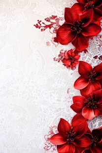 红色花卉与白色蕾丝背景