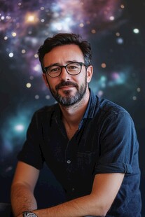 戴眼镜男士的星空背景肖像