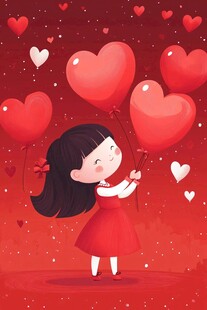 红衣女孩与爱心气球