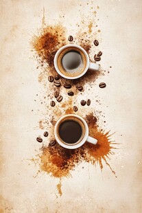 两杯咖啡与洒落的咖啡豆