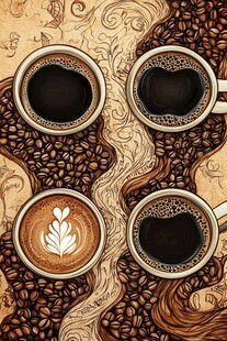 四杯咖啡的艺术插画世界