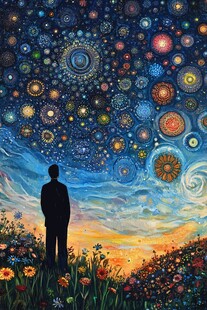 仰望奇幻星空的孤独身影