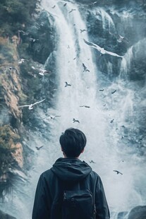男子凝望瀑布与飞鸟