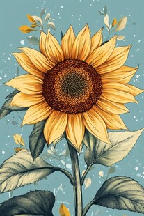 蓝色背景下的绚丽向日葵