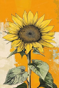 单枝向日葵的艺术插画